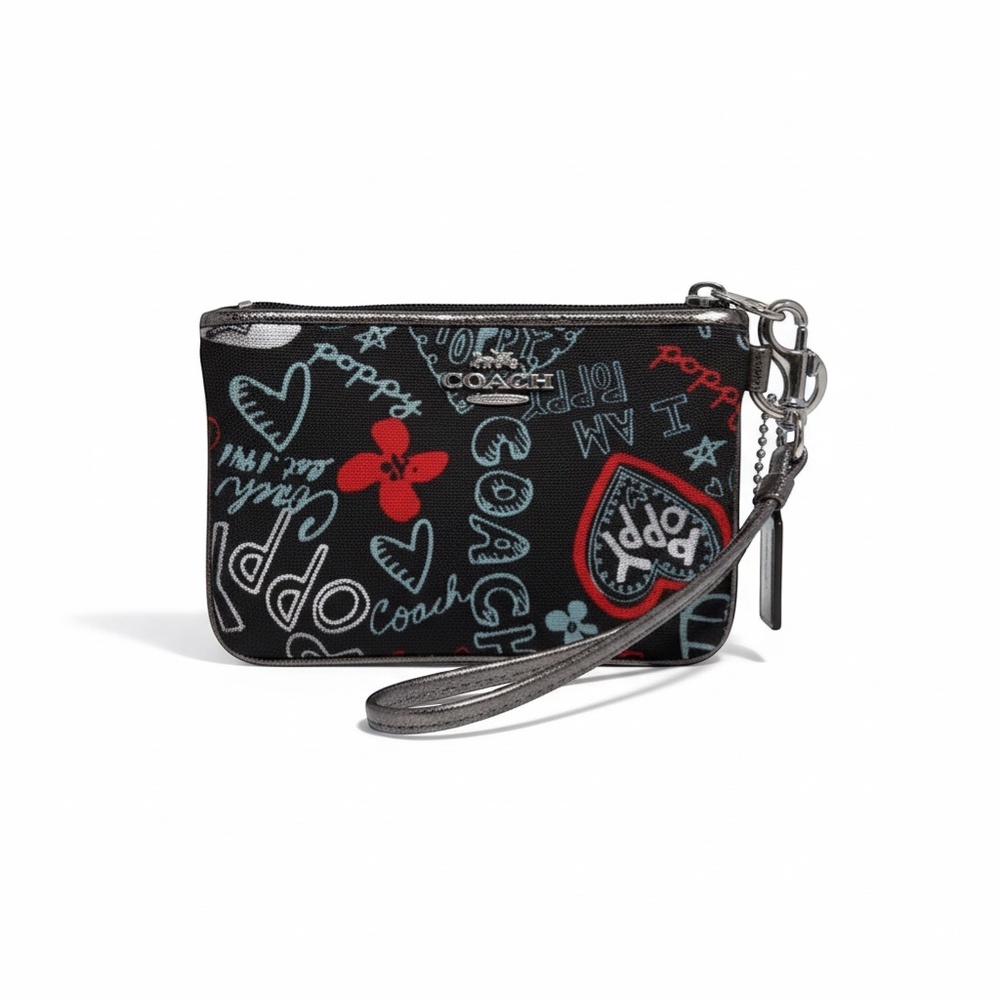 RARE Coach Poppy Wristlet Purse Black Graffiti Hearts Silver Zip Pouch Wallet - Picture 4 of 8